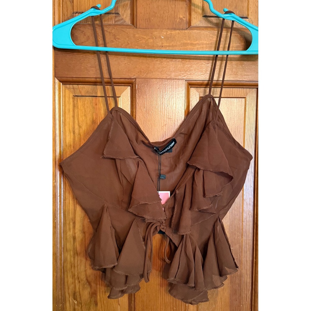 PrettyLittleThing Brown Sheer Chiffon Tiered Ruffle Tie Front Cami Top US 12 NWT